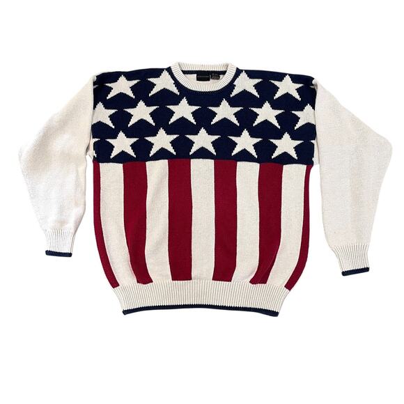 VTG 80's STRUCTURE RED WHITE & BLUE USA AMERICAN FLAG STAR SWEATER SZ L Cotton - Picture 1 of 6
